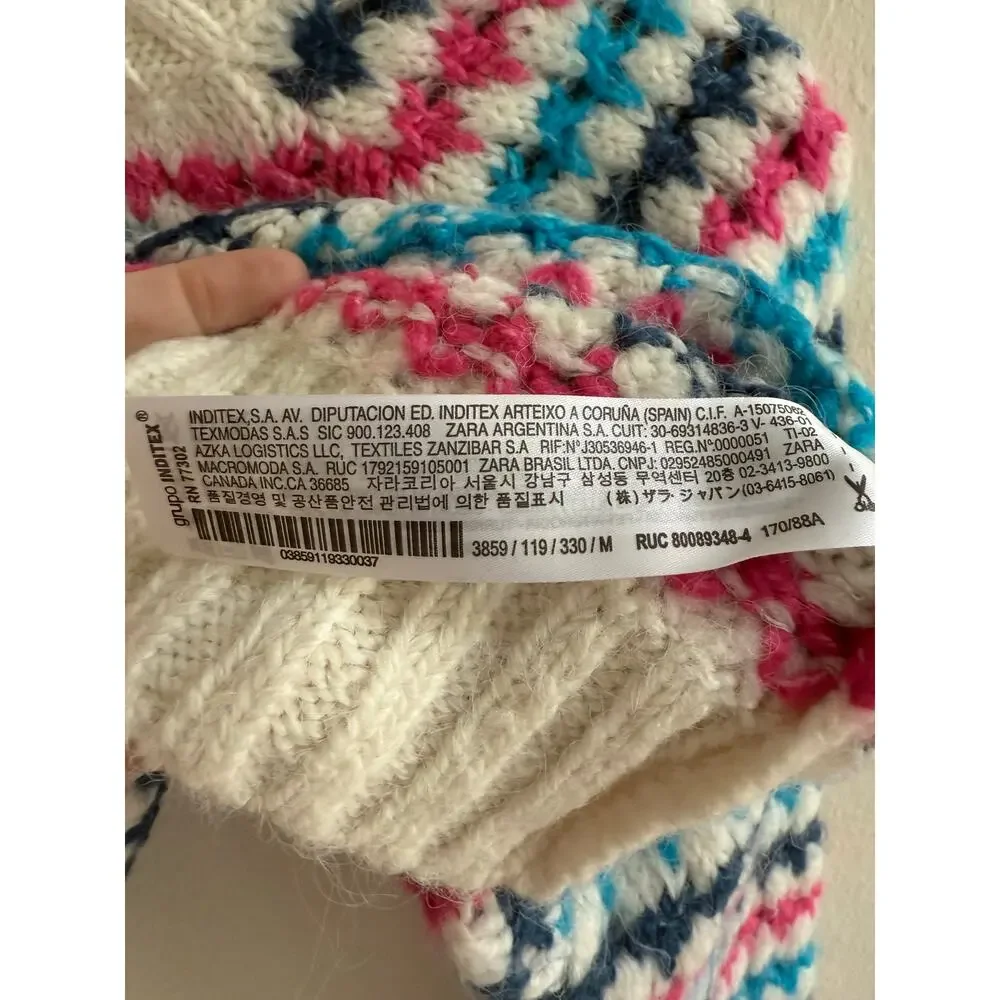 Zara NWT Chunky White Blue Pink Striped Knit Crewneck Pullover Sweater Medium - Picture 13 of 16